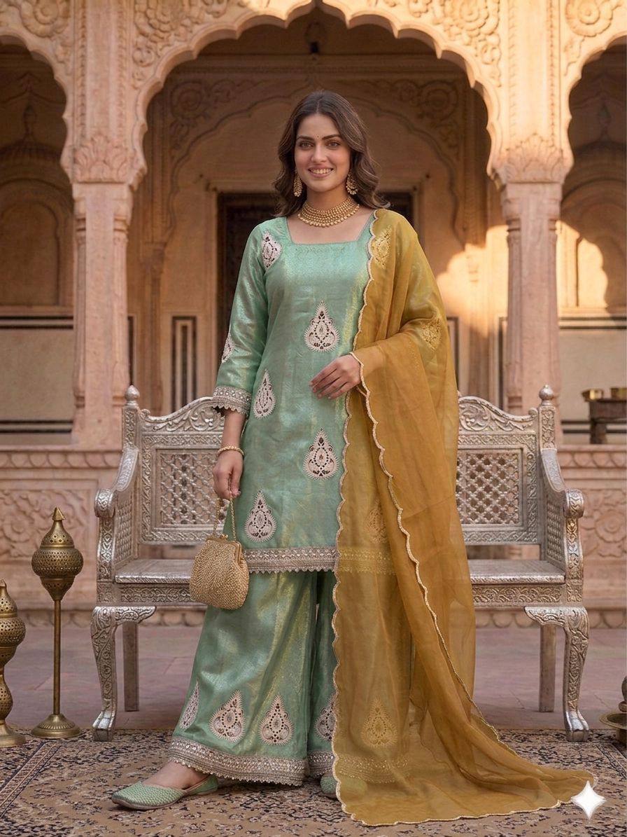 The Neo-Classic Teal Tissue Silk Silhouette